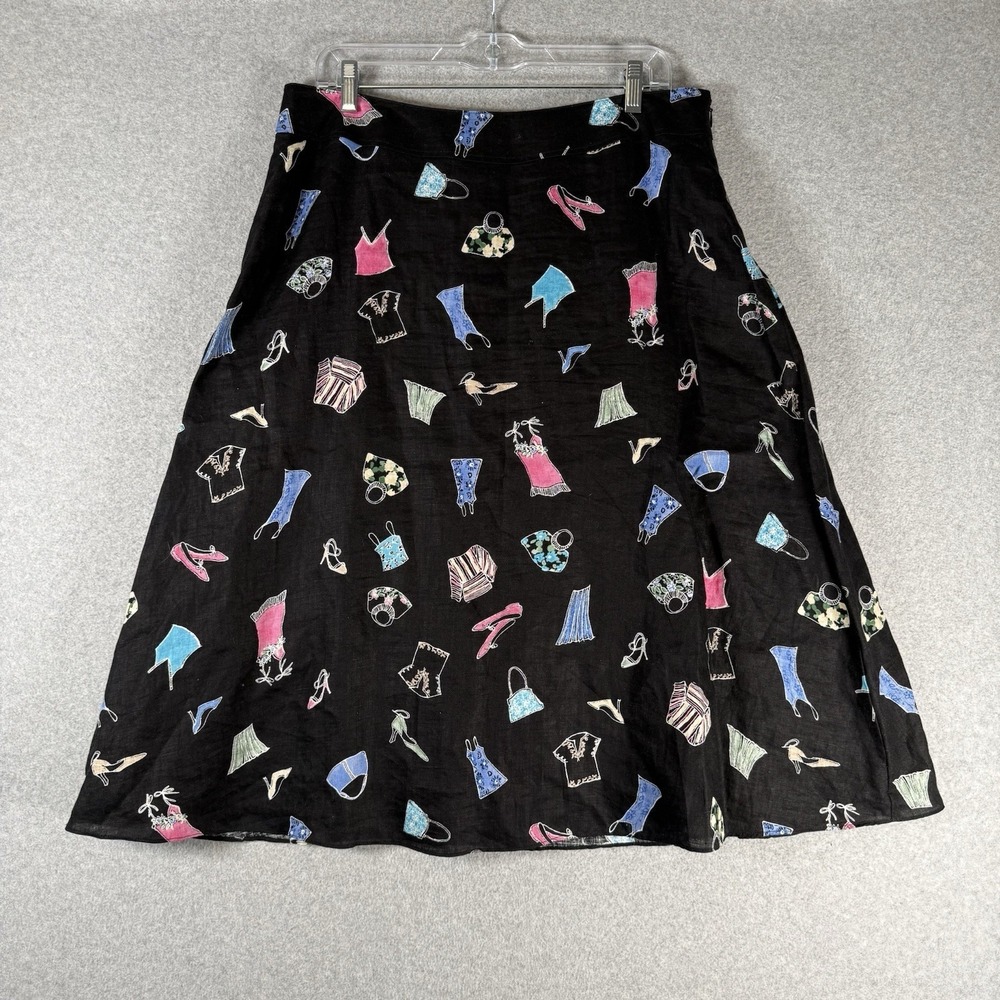 Liz claiborne skirt womens 14 Vintage linen black‎ dress print midi lined Y2K